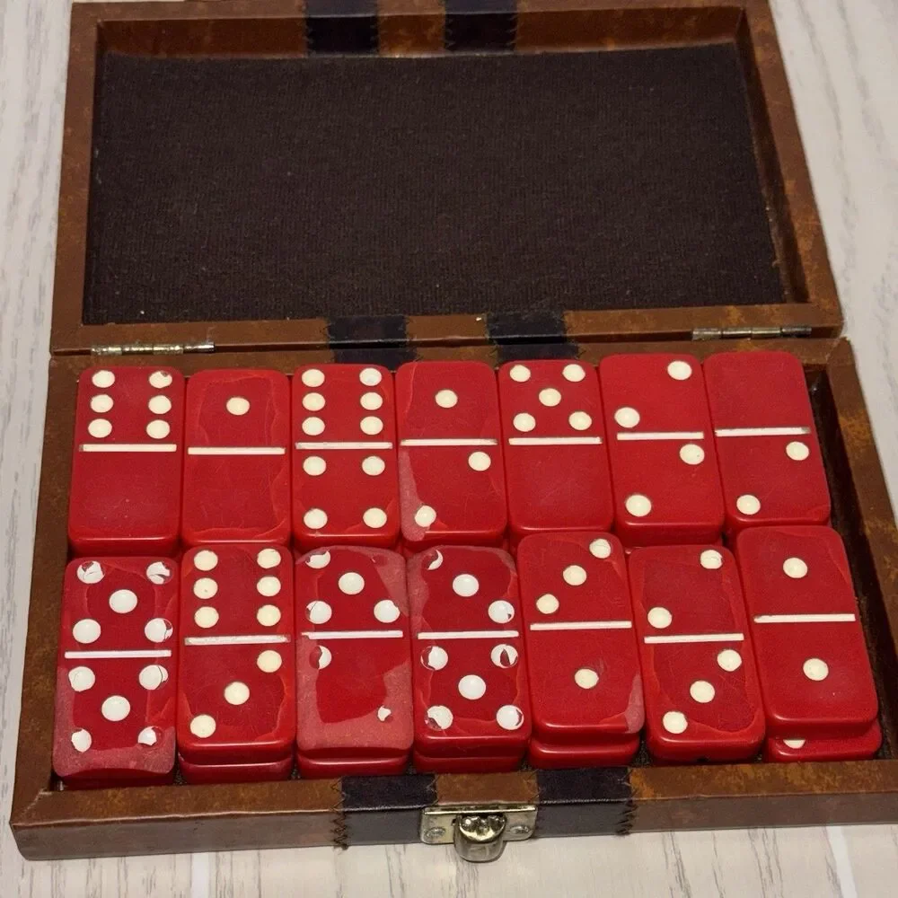 Vintage Red Dominoes Tile Game Set w/ Vinyl Wooden Case, Dot Numbered Pieces